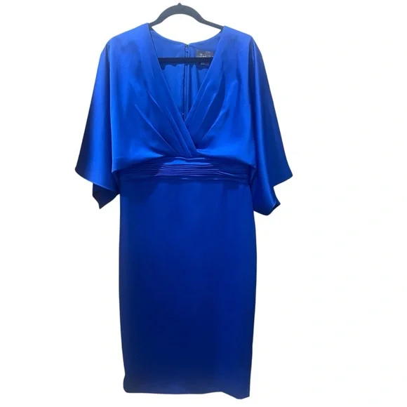 Theia Dresses Theia Blue Satin Kimono Sleeve Ruched Cocktail